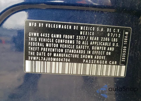 2013 Volkswagen Jetta Tdi из США, поврежденный, VIN 3VWPL7AJ0DM604704